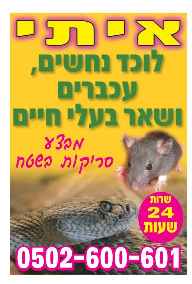 איתי הלוכד - מודעת פרסום הכוללת תמונת נחש, חולדה שירות 24 שעות ומספר הטלפון